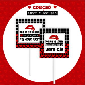 Duas artes digitais com frases românticas e lábios vermelhos, fundo de corações.