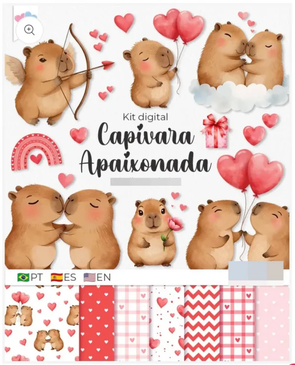 Capivara e Corações - Kit Gráfico Dia dos Namorados PNG