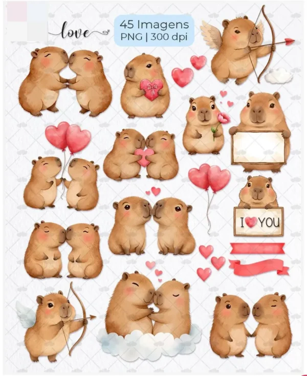 Capivara e Corações - Kit Gráfico Dia dos Namorados PNG