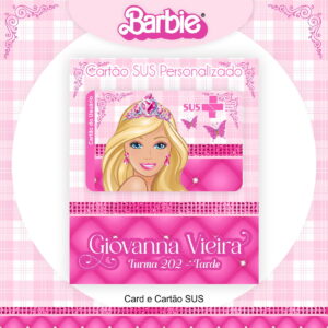 Arte digital de cartão SUS e identificação com tema rosa e personagem loira.