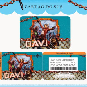 Arte digital de um Cartão do SUS personalizado com personagens e nome.