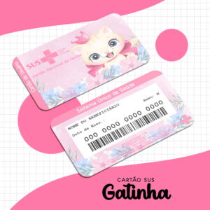 Arte digital de cartões SUS rosa com gatinha e flores em fundo quadriculado.