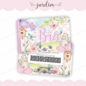 Arte digital de cartão de saúde com tema de jardim, flores e borboletas.