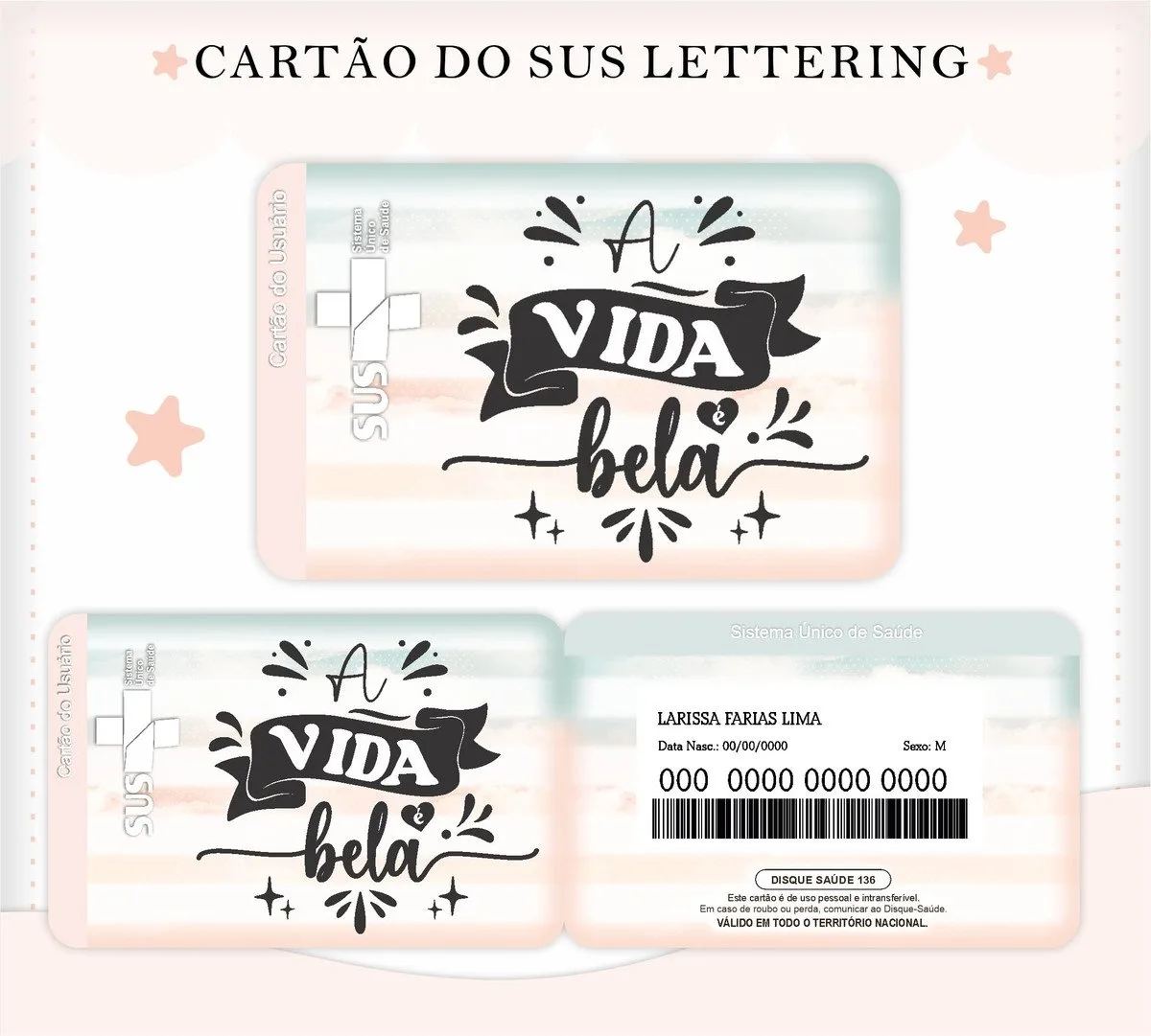Design digital de cartões de saúde com caligrafia decorativa e fundo rosado pastel.