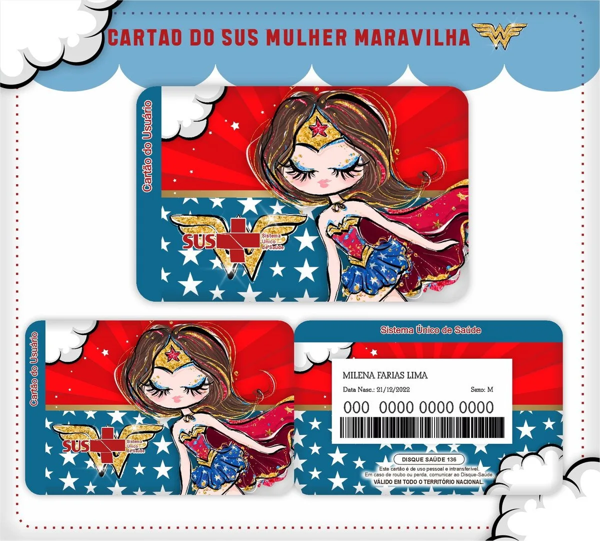 Ilustração temática de cartão de saúde com personagem feminina e elementos patrióticos estrelados.