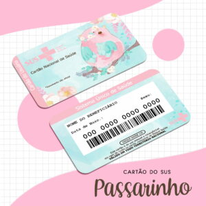 Duas artes digitais de cartões do SUS, um com ilustração de passarinho.