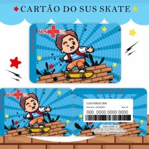 Arte digital de um cartão com tema infantil de skate e cores azuis.