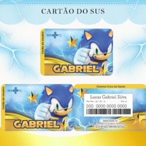 Dois cartões digitais com ouriço azul, estrelas douradas e fundo elétrico. Texto visível.