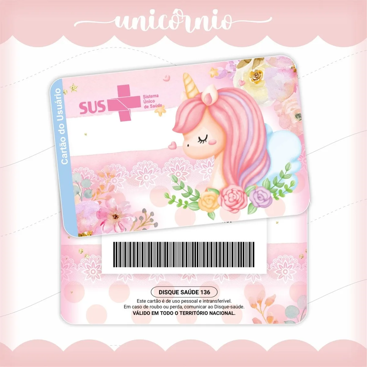 Cartão do usuário com ilustração de unicórnio, flores e elementos gráficos em tons pastéis.