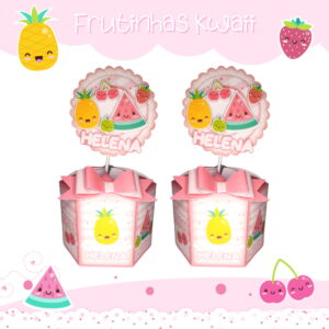 Duas artes digitais de caixas e toppers de festa com tema frutas kawaii.