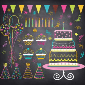 Arte digital de festa com bolo, balões, cupcakes e velas em fundo de lousa.