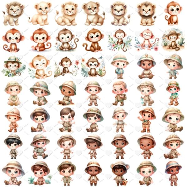 Cliparts Safari Baby Aquarela Imagens Png 3D Cute Animais