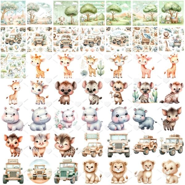 Cliparts Safari Baby Aquarela Imagens Png 3D Cute Animais