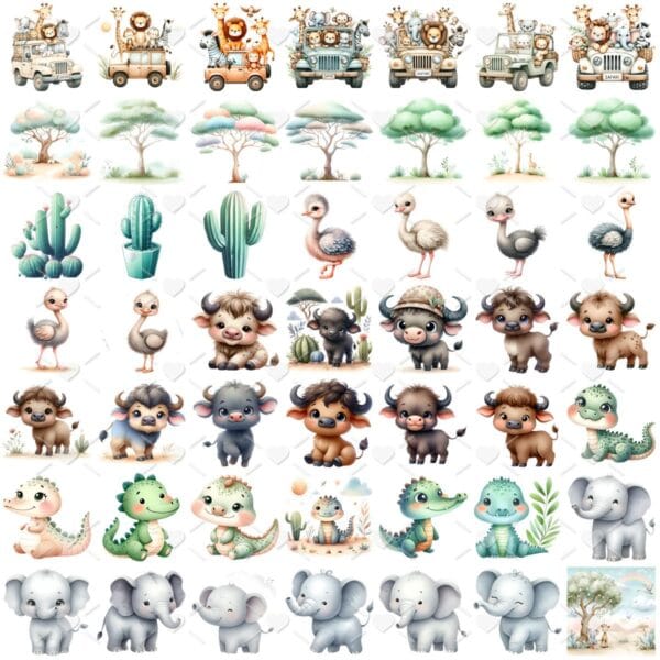 Cliparts Safari Baby Aquarela Imagens Png 3D Cute Animais