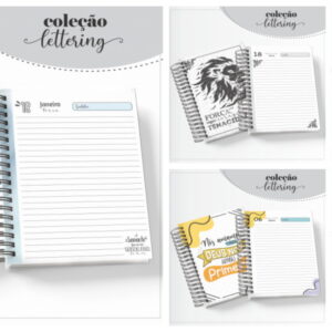 Arte digital de seis designs de planners espiralados da coleção lettering com capas variadas.