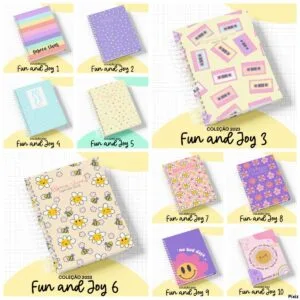 Várias agendas com espiral exibindo estampas coloridas e temas variados em fundo branco.