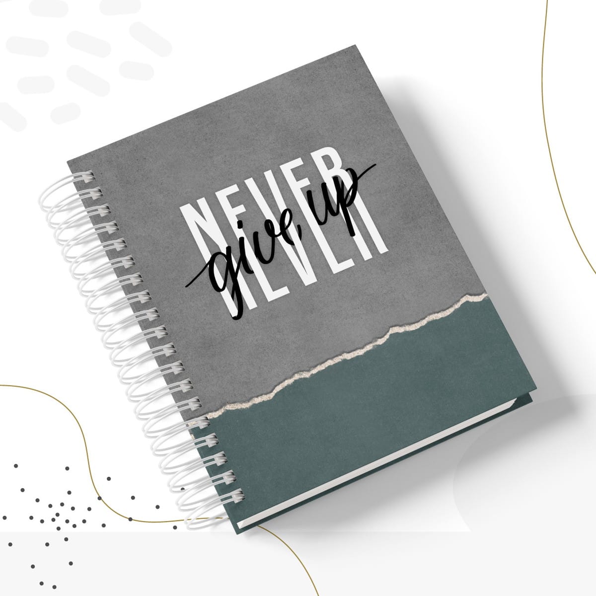 Kit Digital Masculino Neutro para Planner e Agenda 2 Arte digital de caderno espiral cinza com texto "NEVER give up" e detalhe rasgado.