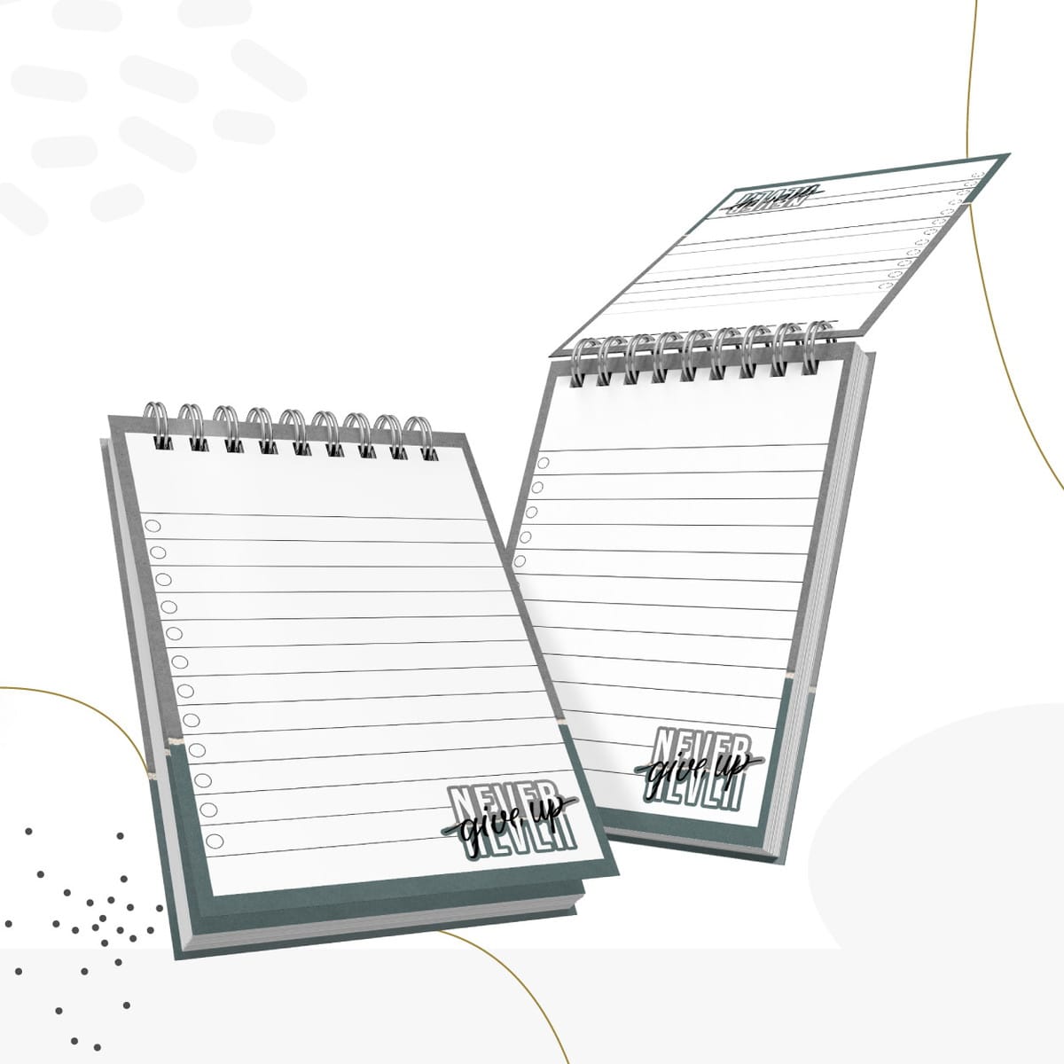 Kit Digital Masculino Neutro para Planner e Agenda 3 Arte digital de dois blocos de notas espirais com linhas e frase motivacional.