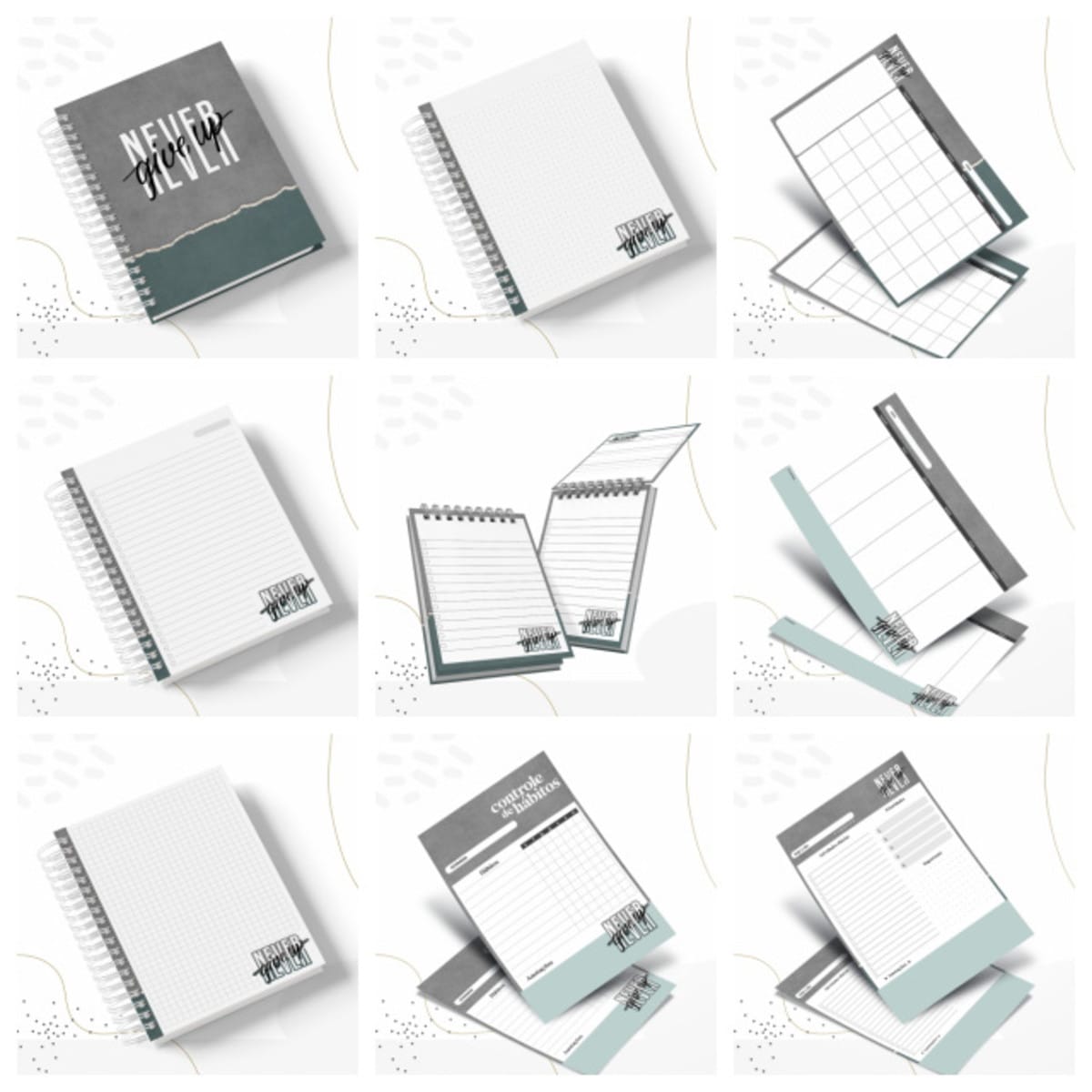 Kit Digital Masculino Neutro para Planner e Agenda 1 Nove artes digitais de cadernos e planejadores com diferentes layouts internos.