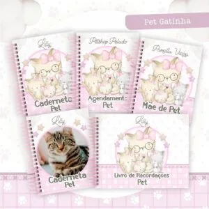 Cinco cadernos personalizados com ilustrações fofas de gatinhos e detalhes em tons rosados.