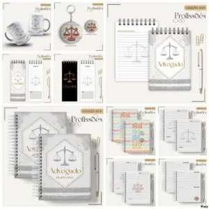 Coleção de itens personalizados com temática jurídica, incluindo canecas, cadernos e chaveiros.