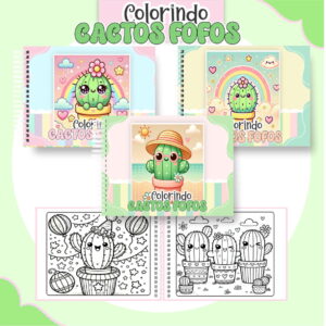 Arte digital de páginas de colorir com cactos fofos, arco-íris e elementos divertidos.