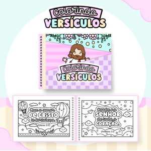 Arte digital de livro de colorir com versículos bíblicos e ilustrações.