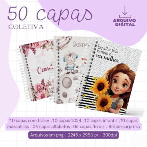 Coleção de 50 artes digitais para capas com designs florais, infantis e inspiradores.