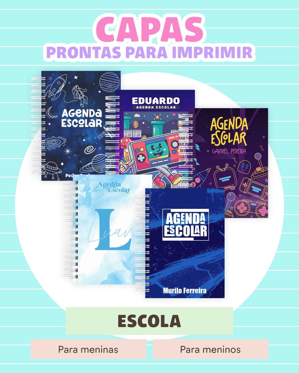 Combo Agenda Escolar 2026 Arquivo Digital Editável 2 Várias capas de agendas escolares personalizadas dispostas sobre um fundo azul com linhas brancas.