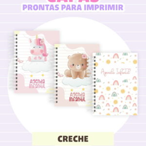 Três capas de agenda infantil com desenhos de unicórnio, urso e elementos coloridos.
