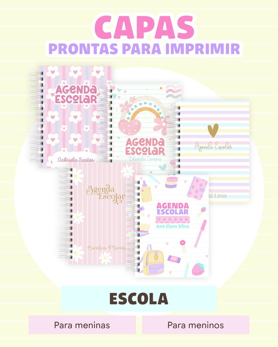 Combo Agenda Escolar 2026 Arquivo Digital Editável 4 Cinco agendas escolares com capas personalizadas estampadas com desenhos delicados em tons pastéis.
