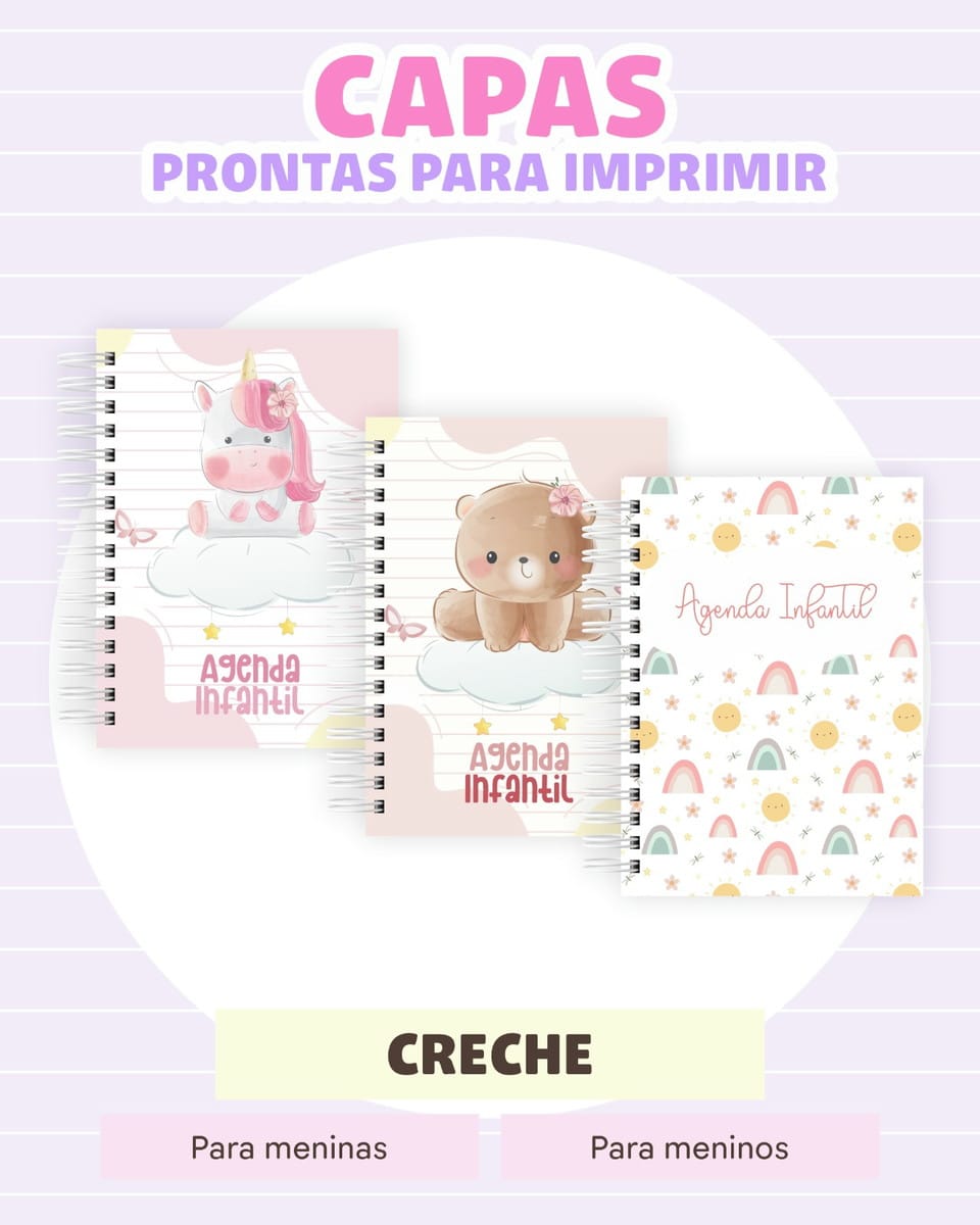 Combo Agenda Escolar 2026 Arquivo Digital Editável 1 Três capas de agenda infantil com desenhos de unicórnio, urso e elementos coloridos.