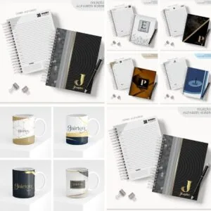 Apresentação de cadernos personalizados com capas variadas e canecas em exibição digital.