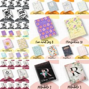 Coleção de agendas e cadernos variados com capas coloridas, florais e temáticas profissionais.