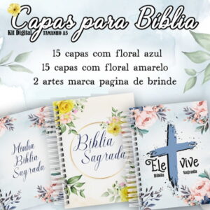 Combo Capas para Bíblia Floral em Aquarela Azul e Amarelo 5 Artes digitais de capas para Bíblias com florais azuis e amarelos, incluindo marcadores.