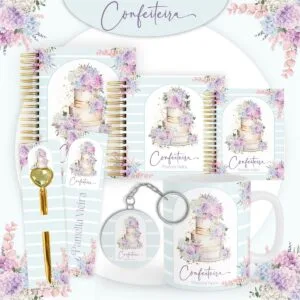 Coleção de papelaria personalizada com ilustrações de bolos e flores em tons pastéis.