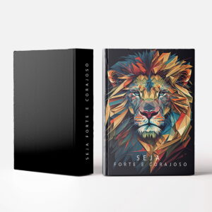 Duas capas de livro digitais com arte de leão geométrico e a frase "Seja Forte e Corajoso".