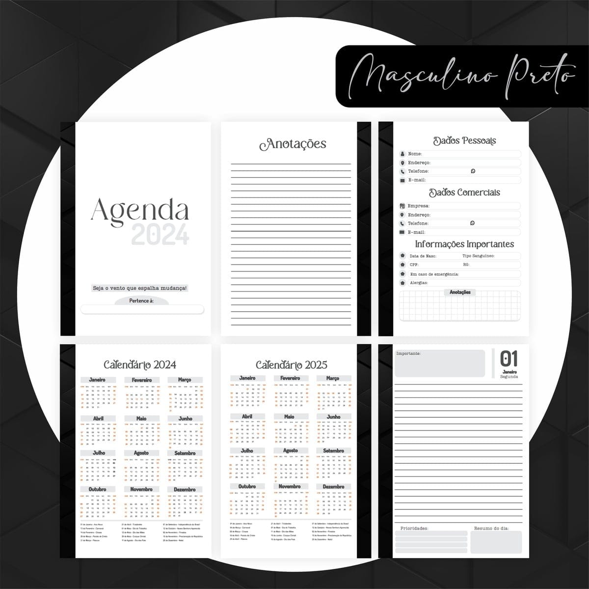 Combo Encadernação Masculino Preto com Capas e Miolos 3 Páginas de agenda digital preta e branca para 2024 e 2025.