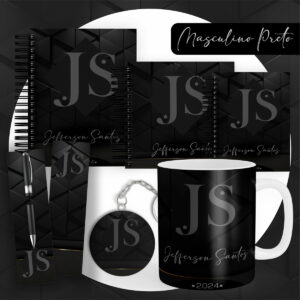 Conjunto de arte digital preto com iniciais e nome personalizado, incluindo cadernos, caneta, chaveiro e caneca.