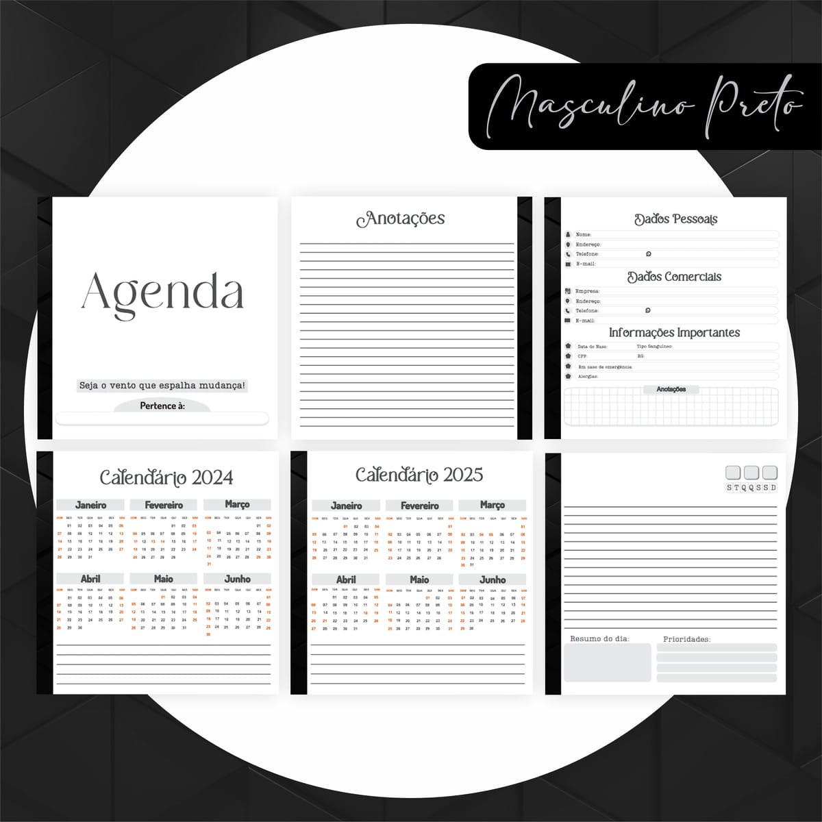 Combo Encadernação Masculino Preto com Capas e Miolos 4 Páginas digitais de agenda e calendário com seções para anotações e dados pessoais.