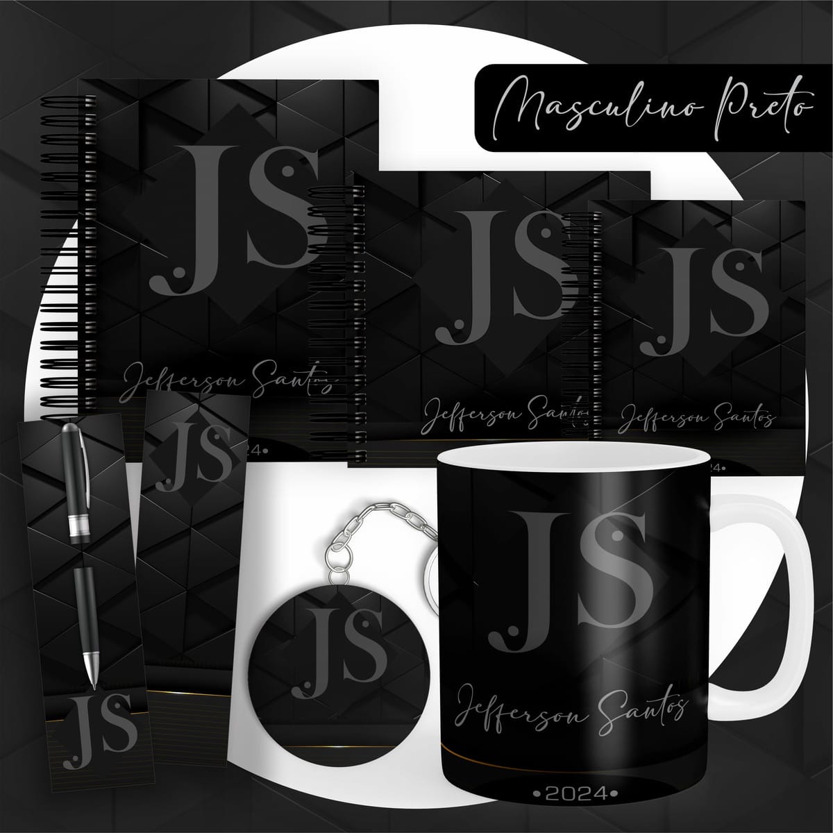Combo Encadernação Masculino Preto com Capas e Miolos 1 Conjunto de arte digital preto com iniciais e nome personalizado, incluindo cadernos, caneta, chaveiro e caneca.