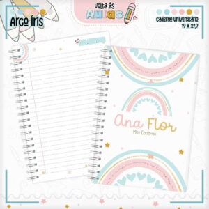 Arte digital de caderno universitário aberto com capa de arco-íris e corações.