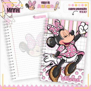 Arte digital de caderno universitário aberto com capa de personagem feminina de bolinhas rosa.