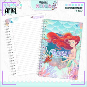 Arte digital de caderno universitário aberto com capa ilustrada de personagem feminina e criatura marinha.