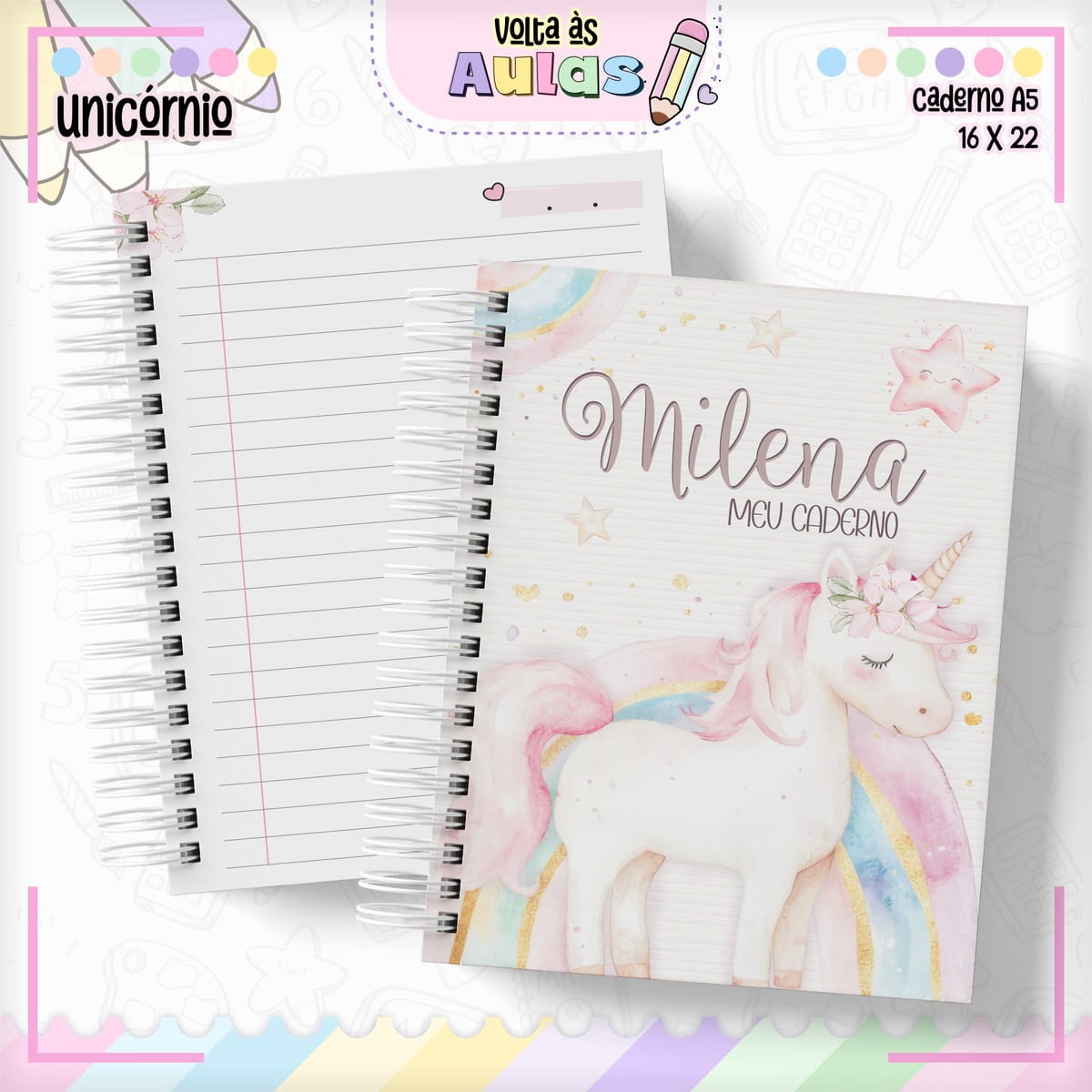 Combo Escolar Unicórnio Kit Digital para Encadernação 1 Combo Escolar Unicornio Arquivo Encadernacao