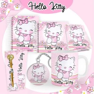 Coleção de itens personalizados com estampa da gatinha em fundo rosa com flores
