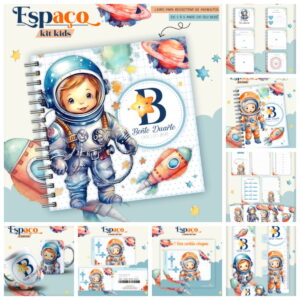 Combo Digital Tema Espacial para Álbum Infantil e Caderneta 10 Arte digital de kit infantil tema astronauta, com capa de livro, caneca e cartões.