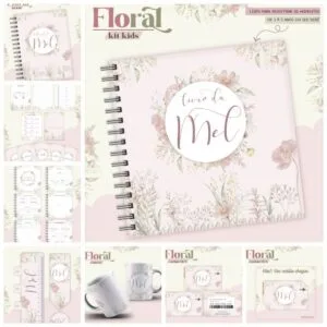 Apresentação de kit digital com tema floral para bebês em tons pastéis.