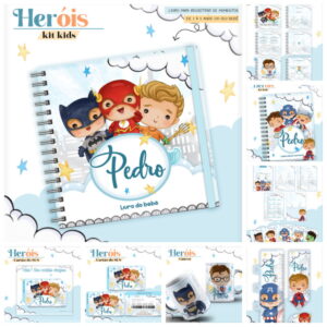 Arte digital de um kit de papelaria infantil com tema de super-heróis.