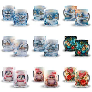 Coleção de canecas estampadas com temas festivos de inverno, corujas e arranjos florais coloridos.